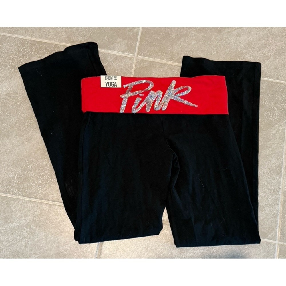 VICTORIA'S SECRET PINK YOGA  BLING SEQUIN FOLDOVER  LEGGINGS LARGE RED BLACK NWT
